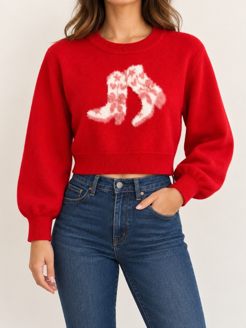 Red Cropped Cowboy Boots Graphic Sweater